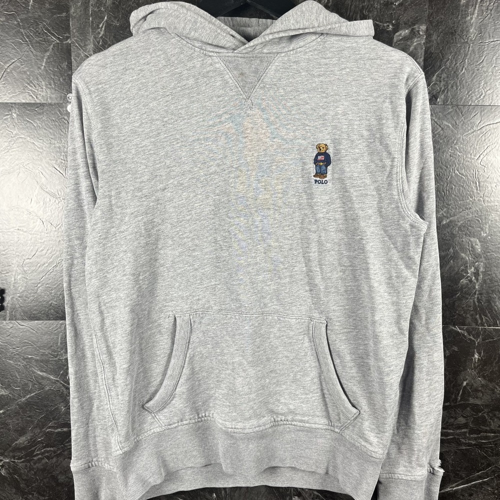 Polo Ralph Lauren Men's Grey USA Polo Bear Hoodie Small -Flaws